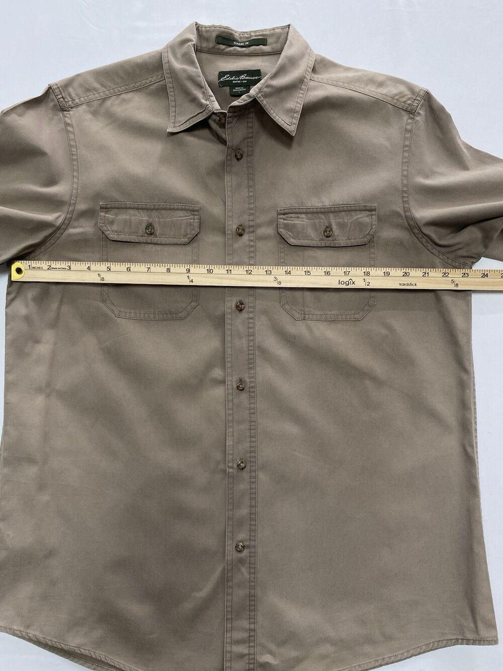 Eddie Bauer Men's Large Short Sleeve Button Down Shirt Classic Fit Khaki Cotton - Picture 4 of 6